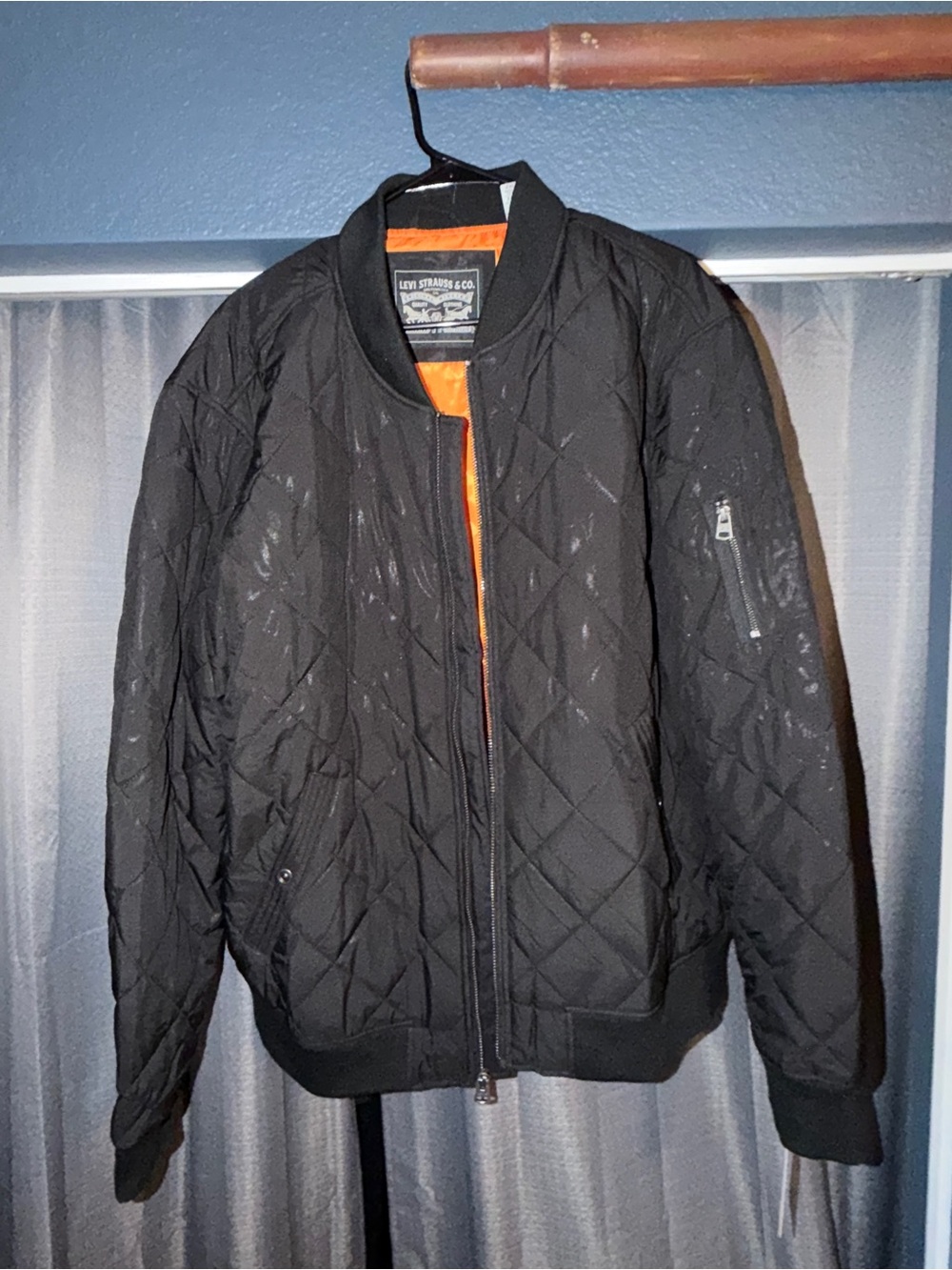 Signature by Levi Strauss Black Quilted Bomber Jacket with Orange Lining